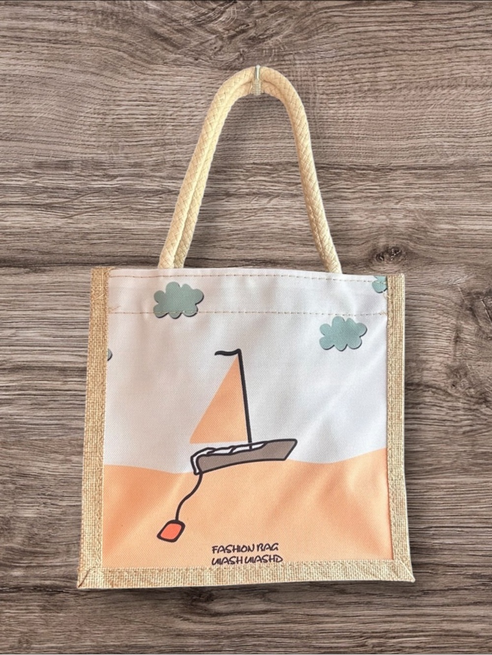 NWT unbranded canvas/jute square sailboat design tote bag